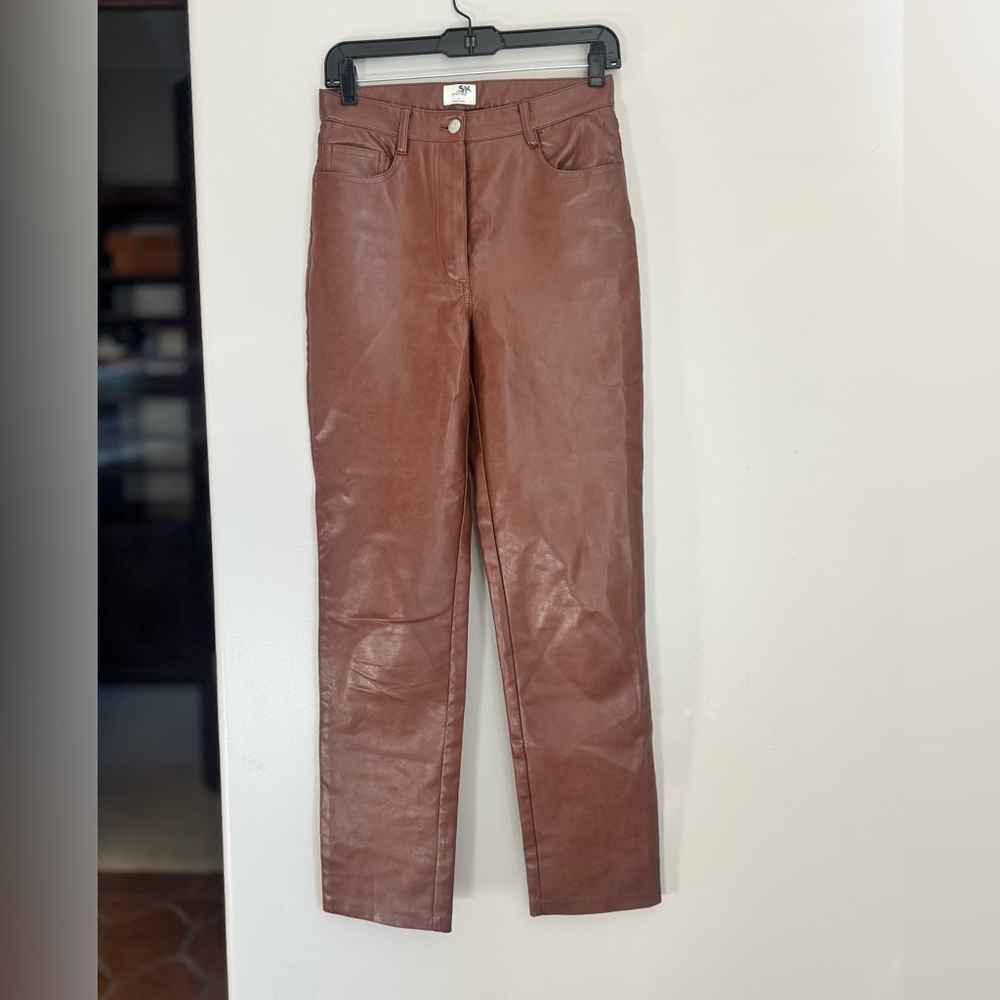 Wilfred Aritzia Melina Brown Faux Leather Pants High Rise Straight Leg Chic 6